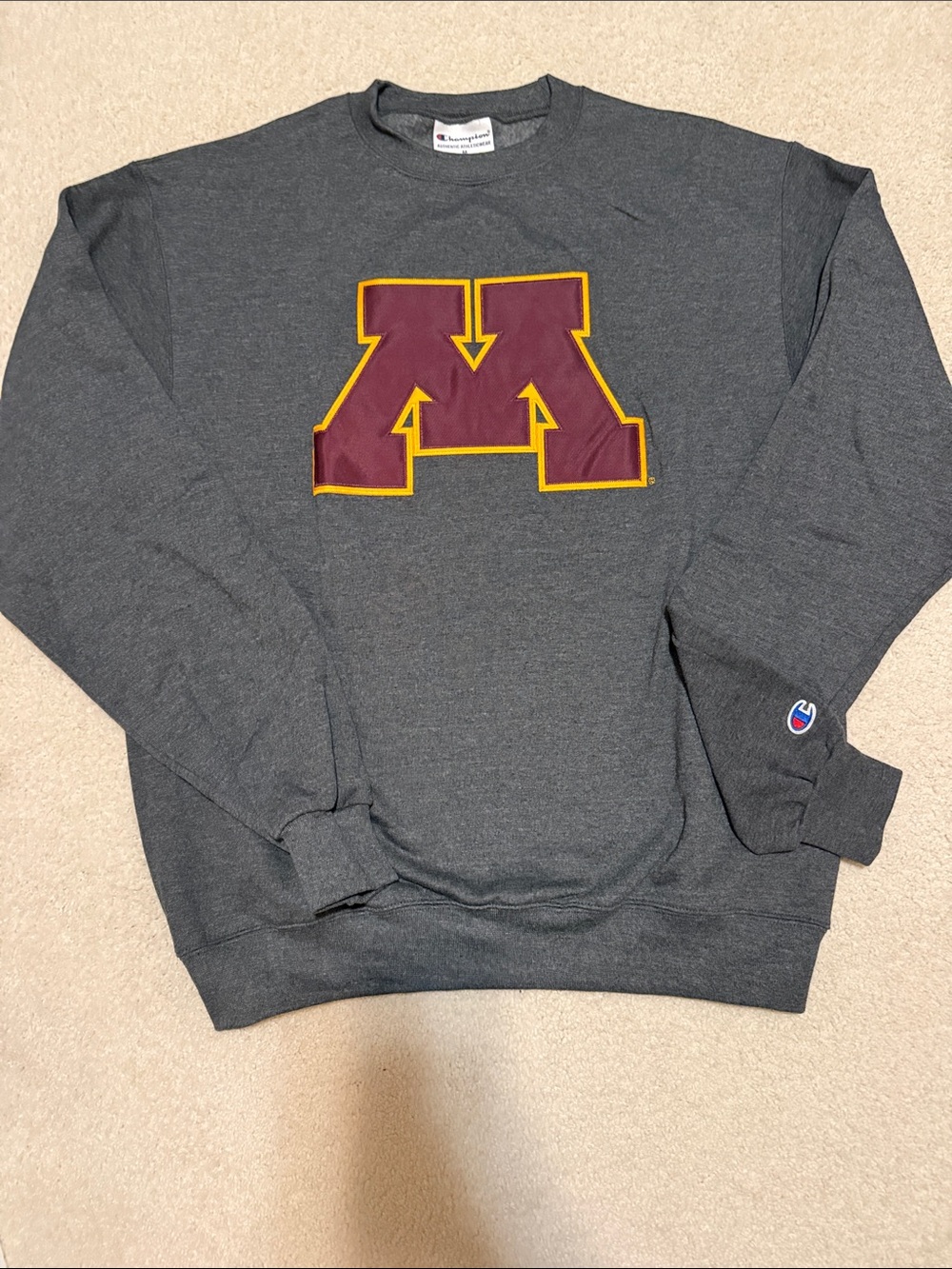 University of Minnesota Champion Dark Gray Crewneck Sweatshirt with maroon M